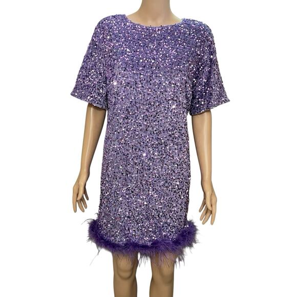 Fashion Nova Dresses & Skirts - Fashion Nova Christy Sequin Tshirt Dress 1X Velvet Feather Hem Purple Mini